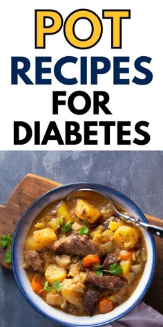 a bowl filled with stew and potatoes on top of a wooden cutting board