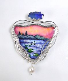 Lake sunset pendant. Sterling silver. Cloisonne enamel. Boulder opal. Massive pearl Hand Painted Sterling Silver Jewelry For Art Collection, Artistic Enamel Jewelry With Cabochon, Polyclay Ideas, Blue Enamel Earrings, Cloisonne Enamel Jewelry, Cloisonne Jewelry, Sunset Nature, Pretty Pendant, Lake Sunset