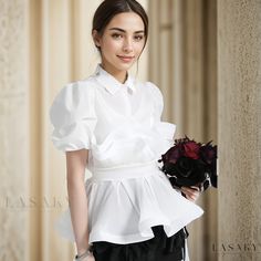 Lasaky - Pleated Lotus Leaf Hem Short-Sleeve Blouse with Artful Petal Patchwork, Fitted Waist, and Bubble Sleeves Lotus Leaf, Slim Fit Top, Style Cardigan, Puff Sleeve Top, Olivia Mark, Short Sleeve Blouse, Waist Tie, Short Sleeve Shirt, Puff Sleeve