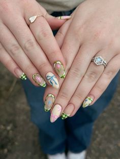 Mint Green Nail Design Ideas, Ceramic Nails Design, Bridgerton Nail Art, Postage Stamp Nails, Pride And Prejudice Nails, Bridgerton Nails Ideas, Dopamine Nails, Marie Antoinette Nails, March April Nails