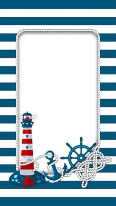 a frame with an anchor, ship wheel and rope on it in the middle of a striped