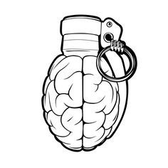 a black and white drawing of a brain with a keychain hanging from it