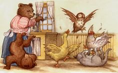 a drawing of a woman feeding chickens and bears in a kitchen with birds flying around