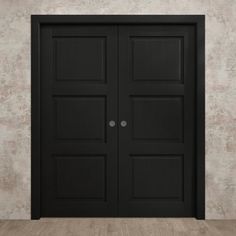 an empty room with two black doors on the wall and wood flooring in front of it