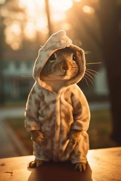 a small rodent wearing a hoodie on top of a wooden table in the sun