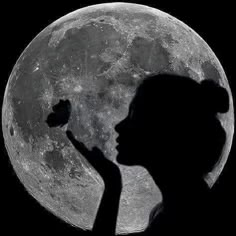 the silhouette of a woman holding a flower in front of a full moon with her hand