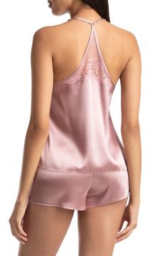 Fitted Lace Trim Pajama Shorts, Satin Daywear Camisole, Satin Sleepwear With Lace Trim Camisole, Satin Camisole Sleepwear With Lace Trim, Satin Cami Sleepwear With Lace Trim, Lace Trim Camisole For Pajama Party, Lace Camisole With Lace Trim For Pajama Party, Lace Trim Camisole With Spaghetti Straps For Pajama Party, Satin Camisole For Bedtime