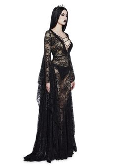 you’re a Victorian splendor in the shadows. This maxi dress has a lace construction, a v-neckline with chain detail and dangling cross charm, long floor-length flare sleeves, and side zipper closure. Goth Wedding, Fairy Dresses, Corset Mini Dress, Flare Sleeves, Black Dolls, Holiday Party Outfit, In The Shadows, Lost And Found, Halloween Stuff