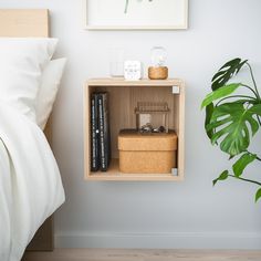 a nightstand with books and plants on it next to a plant in the corner of a room