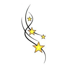 three yellow stars are flying in the air with long black lines on their backs and sides