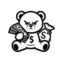 a black and white teddy bear holding money