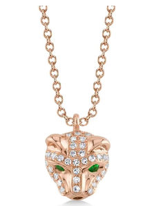 Show off your bold and sophisticated style with this Diamond w/Emerald Panther Pendant Necklace. This necklace features a stunning panther head pendant crafted in 14k rose gold, accented with glittering diamonds and emerald eyes. The panther symbolizes courage, power, and grace, making this necklace a perfect accessory for any occasion. The necklace comes with a 16-inch chain that can be adjusted to 18 inches Luxury Diamond Necklace With May Birthstone, Luxury Emerald Diamond Necklace, Luxury Cubic Zirconia Necklace For May Birthstone, Luxury May Birthstone Necklace With Diamond Accents, Rose Gold Diamond Necklace With Pave Setting, Formal Rose Gold Emerald Jewelry, Luxury Jewelry With Single Cut Diamonds For May Birthstone, Luxury Emerald Diamond Necklace For May Birthstone, Luxury Green Diamond Necklace With Single Cut Diamonds