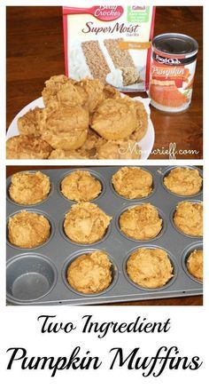 pumpkin muffins with two ingredients in the background and an image of cupcake batter