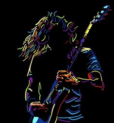 a man with long hair playing a guitar in neon colors on a black background illustration