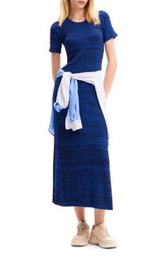 A marled yarn adds style points to a ribbed dress fixed with a flowy skirt. Crewneck Short sleeves 77% viscose, 23% polyamide Machine wash, dry flat Imported Chic Blue Ribbed Midi Dress, Casual Textured Knit Spring Dress, Spring Knit Midi Dress For Work, Knit Summer Workwear Dresses, Summer Knit Workwear Dresses, Summer Knit Dresses For Work, Spring Blue Ribbed Midi Dress, Blue Ribbed Midi Dress For Spring, Blue Ribbed Midi Dress