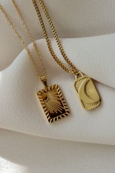 "✨GOLD FILLED SUN MOON PENDANT NECKLACE ✨ * Stainless Steel * Waterproof * It will not change color and can be worn in water. Our jewelry is made to last, anti-tarnish, higher durability than a regular gold-plated material, perfect for everyday wear. -- We are very proud of what we sell and you will not be disappointed. Please check our customer reviews. OTHER DETAILS ---------------------- * Durable and long-lasting material, perfect for daily wear or special occasion * Hypoallergenic and Lead, Neckles Ideas, Gold Rectangular Charms Necklace, Gold Square Pendant Jewelry For Birthday, Sun Moon Necklace, Moon Necklace Gold, Rectangle Pendant Necklace, Gold Schmuck, Elegant Gift Wrapping, Sun And Moon Necklace