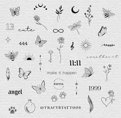 an assortment of tattoo designs on white paper with the words, numbers and symbols in black ink