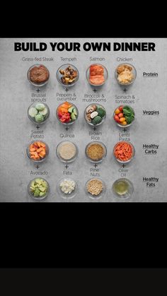 a poster with different types of food in bowls and the words build your own dinner