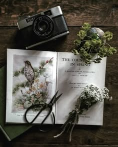 an open book sitting on top of a wooden table next to flowers and a camera