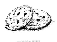 two chocolate chip cookies hand drawn in black and white stock photo shutterstockerstock