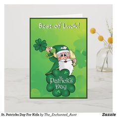 a st patrick's day card with a lepreite holding a shamrock