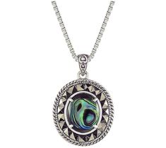 Give your look the perfect amount of sparkle and shine with this abalone and marcasite pendant and chain. From Suspicion® Marcasite Jewelry. Marcasite Jewelry, Oval Pendant, Sparkle And Shine, Jewelry Necklaces, Sparkle, Pen, Chain, Pendant, Silver