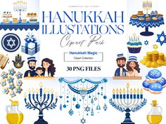 hanukkah illustrations with menorah, candles, and other items from around the world