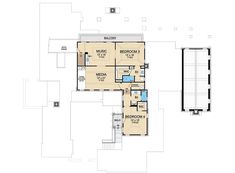 the floor plan for this modern home shows two levels and an upper level living area