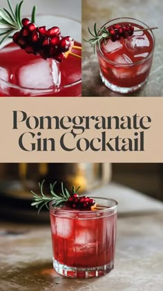 the recipe for pomegranate gin cocktail with rosemary garnish and cranberries