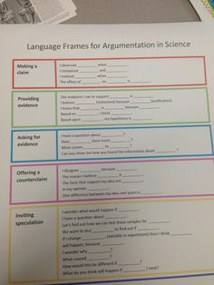 the language frames for argument in science are shown on top of a table with papers and pencils