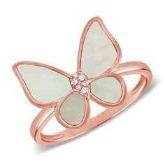 Embrace the enchanting beauty of nature with our exquisite Mother of Pearl & Diamond Butterfly Ring, meticulously crafted in 14k gold. This stunning ring features a delicate butterfly motif adorned with shimmering diamonds totaling 1.30 carats, adding a touch of brilliance to its graceful design. The ethereal mother of pearl center exudes a luminous glow, enhancing the ring's elegance and allure. Available in your choice of 14k yellow gold, white gold, or rose gold, the band boasts a luxurious f Luxury White Gold Butterfly Ring, White Diamond Butterfly Ring Fine Jewelry, Elegant Cubic Zirconia Butterfly Ring, White Diamond Butterfly Ring In Fine Jewelry Style, Elegant Butterfly Diamond Ring For Gift, Luxury Diamond Butterfly Ring, Diamond Butterfly Ring With Gemstone For Formal Occasions, Elegant Butterfly-shaped Rings With Diamond Accents, Elegant Butterfly Ring With Diamond Accents