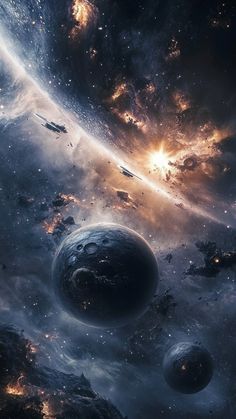 an artist's rendering of the planets in outer space, with stars and dust