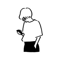 a black and white drawing of a person holding something in their hand while looking at it