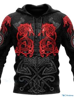 OrcaJump - Mens Red Dragon Graphic Print Full Zip Hoodie Jacket Red Crew Neck Outerwear For Streetwear, Red Crew Neck Winter Outerwear, Red Crew Neck Outerwear For Winter, Red Long Sleeve Sweatshirt For Outdoor, Red Hoodie With Drawstring, Red Outdoor Hoodie Sweatshirt, Red Long Sleeve Sports Hoodie, Red Long Sleeve Hooded Jacket For Streetwear, Red Hooded Jacket For Outdoor Activities