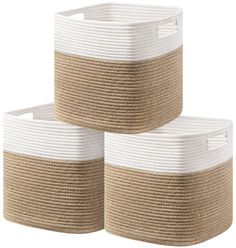 three white and brown baskets stacked on top of each other