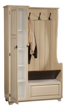 a white wooden bench sitting next to a cabinet with coat hooks on it's doors