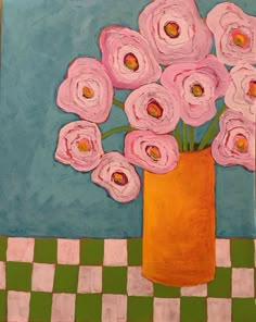 a painting of pink flowers in a vase on a checkered tableclothed floor