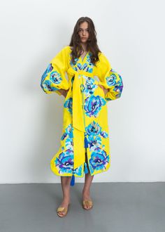 Luxurious Yellow/Blue Extasy Women's Midi Caftan Yuliya Magdych Traditional Yellow Kaftan With Floral Print, Traditional Floral Print Kaftan For Spring, Traditional Floral Print Spring Kaftan, Traditional Spring Floral Print Kaftan, Traditional Spring Floral Kaftan, Traditional Yellow Kaftan With Floral Embroidery, Spring Folk Kaftan With Multicolor Embroidery, Spring Folk Style Kaftan With Geometric Embroidery, Spring Festival Kaftan With Woven Motifs