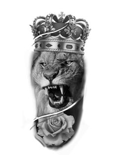 a black and white photo of a lion wearing a crown