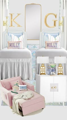 a bedroom with two white beds and pink furniture