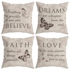 four pillows with words and butterflies on them