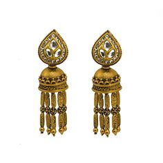 22K Yellow Gold Necklace & Jhumki Earring Set W/ Kundan on Pear Shape Accents & Raining Jhumki Designs for women. This elaborate antique finished design features a v-neck necklace with Kundan on pear shaped accents along with and Jhumki drops with raining details. The earrings have screw back posts for easy wear. The necklace is 15 inches long with a width range of 2.5-17.5 mm. The pendant is 72 mm long and 20 mm wide. Each earring is 54 mm long and 15.5 mm wide. This decadent set has a total go Traditional Gold Bridal Earrings With Cutdana, Traditional 22k Gold Bridal Earrings For Festive Occasions, 22k Gold Chandbali Jhumkas For Festive Occasions, Gold Bollywood Jhumkas For Ceremonial Occasions, Festive 22k Gold Jhumkas With Latkans, Traditional Gold Bridal Earrings With Pallu, Bollywood Style Gold Jhumkas For Ceremonial Occasions, Traditional Yellow Gold Kundan Danglers, Traditional Gold Cutdana Earrings