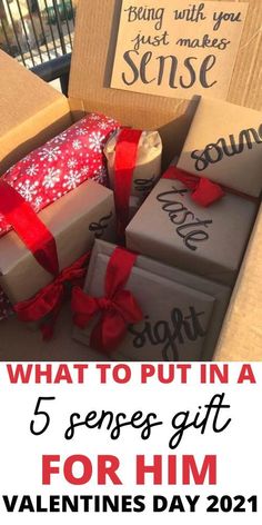 boxes with presents wrapped in red ribbon and the words what to put in a 5 sense gift for him valentine's day