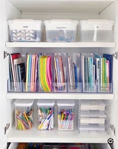 an organized pantry with plastic bins and craft supplies