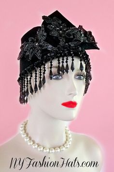 "Women's Winter Wool Cloche Old Hollywood Flapper Art Deco Fashion Designer Haute Couture Motf Premium Beaded Statement Pillbox Cloche Hat Headpiece. This 1920's Style Winter Wool Fashion Hat Is Trimmed With Black Handmade Wool Embellishments, Trimmed With Black Glass Beaded - Sequin - Rhinestone Appliques. Placed Around The Lower Crown Of This Art Deco Headpiece Are Sequin Rosettes. Dropping From The Rosettes Are Glass Beaded Embellishments Which Are Cut On A Slant. These Beaded Embellishments Art Deco Inspired Fashion, Art Deco Headpiece, Ladies Dress Hats, Braided Dress, Black Art Deco, Flapper Art, Vintage Style Hat, 1920's Style, Wool Fashion