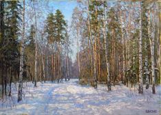 a painting of trees and snow in the woods