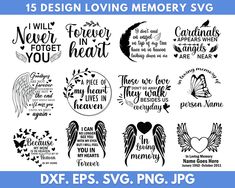 the 25 design loving memory svg bundle is shown in black and white, with an angel