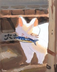 a painting of a cat with a fish in its mouth