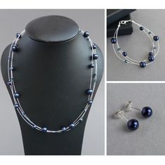 This navy blue floating pearl jewellery set is created using sparkling crystals and lustrous glass pearls. These multi-strand necklace, bracelet and stud earrings sets make perfect bridal party gifts for bridesmaids in a dark blue themed wedding. Necklace: Measuring 18 inches (46cm) in length, these midnight blue necklace is completed with a silver plated lobster clasp. I have added a 2 inch extension chain to allow you to adjust your necklace to fit. Bracelet: Each three strand bracelet measure Blue Pearl Jewelry For Party, Party Pearl Jewelry In Blue, Blue Pearl Necklace For Party, Bridal Party Gifts For Bridesmaids, Jewellery Set Bridal, Dark Blue Jewelry, Pearl Jewellery Set, Chunky Stone Necklace, Three Strand Bracelet