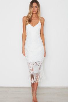 FREE 2-3 DAY SHIPPING USA WIDE. The Two Sister's the Label Khaleesi Dress in white features a gorgeous custom made lace with a beautiful tassel hemline and crossover back with adjustable straps. It is semi lined. *M Khaleesi Dress, Florida Bachelorette, Sisters The Label, New Years Eve Dress, Semi Dresses, Dress Rehearsal, Dress Attire, Gatsby Wedding, Shower Dresses